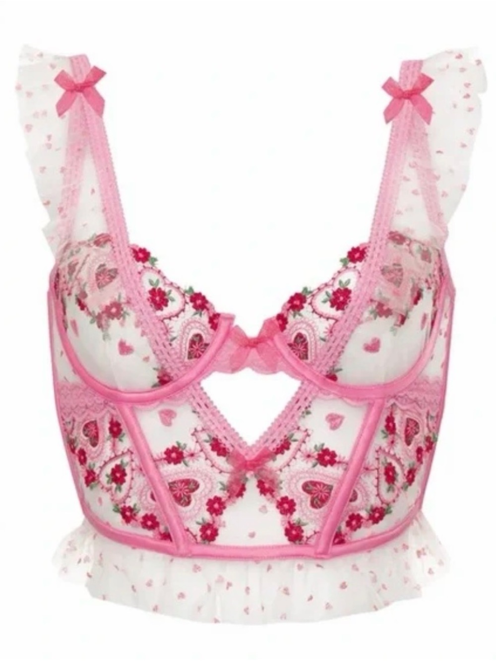 For Love And Lemons Pink Floral Embroidered Longline Bralette with Heart Details